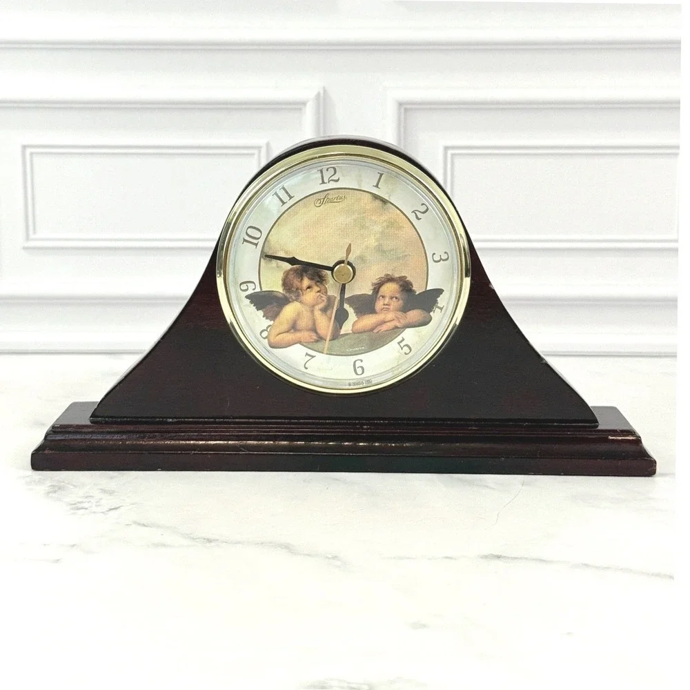 VTG 1990s Spartus Quartz Mini Wooden Mantle Clock Cherub Scene 9